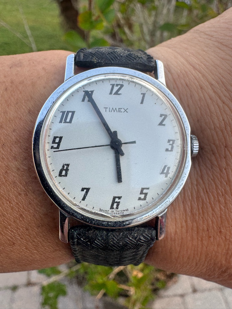 Timex Manual Wind White Dial Silver Case Watch With Black Strap